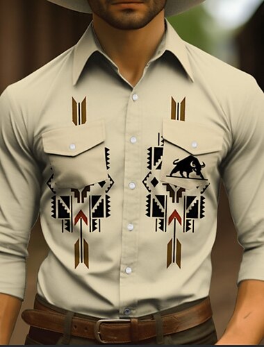  Per uomo Tribale Stampe astratte Vintage ▾ Camicia Camicia occidentale Camicia da cowboy Manica lunga Di tendenza Streetwear Originale Esterno Giornaliero Autunno inverno Collo ripiegabile Stampa Blu