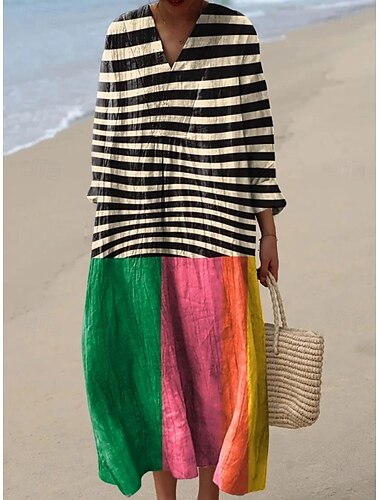  Per donna Abito maxi Vestito Estivo Abito a trapezio Vacanza Casual Boho Uscire Spiaggia Vestibilità comoda Grafico Geometrico Manica Lunga Scollo a V Giallo Marrone chiaro Blu Arancione Estate