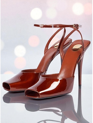  Escarpins à talons hauts en cuir verni vert foncé pour femmes, à bout ouvert et bride à la cheville, pour cocktails et soirées glamour