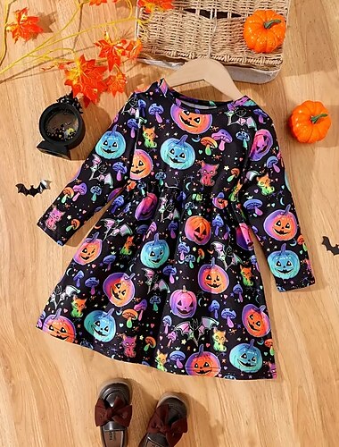  Halloween Pigers 3D Græskar Kjole Langærmet Sommer Forår Ferierejse Daglig Ferie Prinsesse Smuk Sød Børn 4-12 år Hverdagskjole A Linje Kjole Knælang Regulær
