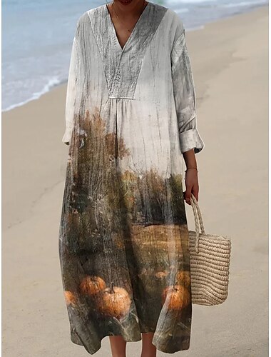  Halloween Damen Maxikleid Sommerkleid A-Linien-Kleid Urlaub Casual Boho Party Ausgehen Strand lockere Passform Grafik Langarm V-Ausschnitt Orange Off-White Grau Sommer Frühling Herbst