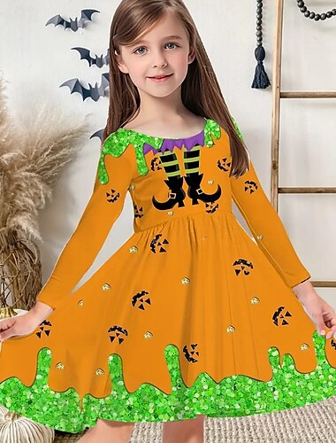  Halloween Pigers 3D Grafisk Kjole Langærmet Sommer Forår Ferierejse Daglig Ferie Prinsesse Smuk Sød Børn 4-12 år Hverdagskjole A Linje Kjole Knælang Regulær