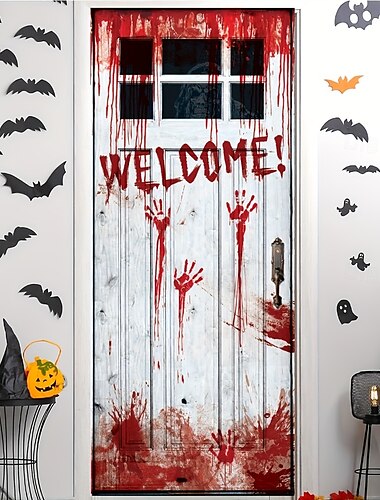  Spöklik halloween dörrdekal - 71,65x28,35 tum, blodröd handavtryck välkomstskylt &pumpor, plast, perfekta för fest &heminredning, halloweendekorationer
