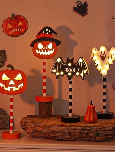  Veilleuse d'Halloween en bois, lampe citrouille d'Halloween, lampe fantôme à piles, lampe chauve-souris, lampe crâne, lampe décorative d'intérieur pour chambre à coucher