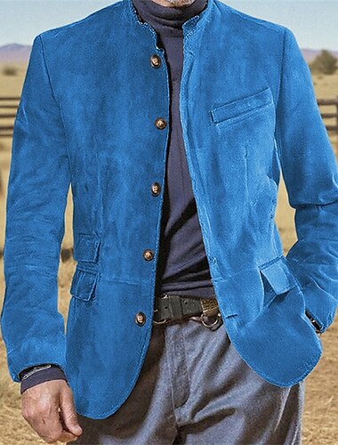  Men's Faux Suede Jacket Vacation Daily Windproof Warm Pocket Fall Winter Plain Fashion Classic Stand Collar Regular Light Khaki Black Blue Khaki Army Green Jacket