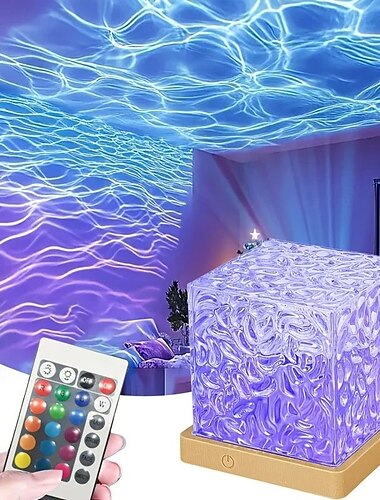  מקרן אור במים מסתובב USB עם שלט רחוק מנורת שולחן חדר שינה מנורת לילה קריסטלית 16 צבעים RGB עבור חדר משחקים חדר שינה קישוט מסיבות חג המולד/חג ההלואין