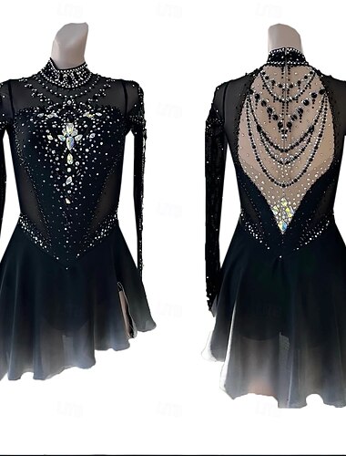 Figure Skating Dress Women's Girls' Ice Skating Dress Black Thumbhole Halo Dyeing High Elasticity Professional Competition Skating Wear Thermal Warm Crystal / Rhinestone Long Sleeve Ice Skating