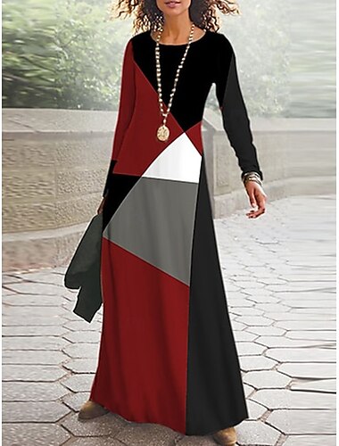  Femmes Robe maxi Robe trapèze Robe d'été Vacances Occasionnel Chaussures de plage Quotidien Coupe régulière Graphique Géométrique manche longue Col ras du cou Noir Rouge Orange Printemps Automne Hiver