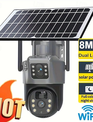 8MP Solarkamera, Sicherheitskamera für den Außenbereich, kabellos, Doppelobjektiv, Videoüberwachungskamera mit 8W Solarpanel, Farbnachtsicht, Scheinwerfer/Alarm, PIR-Personenerkennung,