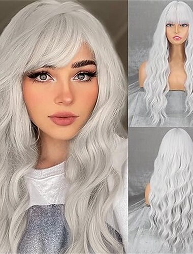  Hosszú ombre világoslila hullámos paróka frufruval sötét hajtöv ombre szürkelila paróka Természetes hatású hőálló műszálas paróka buliba cosplay mindennapi halloweenre