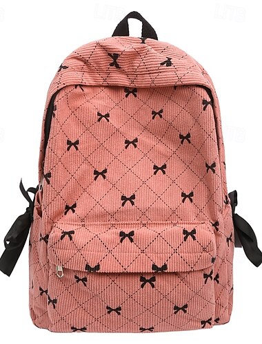  Girls’ Black Bow Pattern Backpack – Cute Corduroy School Bag with Side Ribbon Detail for Teen Students & Daily Use