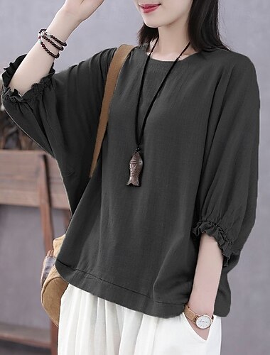  Dame Tekstureret bluse T-shirt Sommertoppe Vanlig Mode Moderne Halvlange ærmer Flagermuseærmer Rund hals Almindelige toppe Daglig Sort Grøn Rose Lyserød Sommer