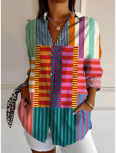 Mulheres Camisa Social Gráfico Geométrica Listrado Vintage Tropical Diário Manga Longa Colarinho de Camisa Tops regulares Trabalho Diário Feriado Botões Imprimir Branco Amarelo Vermelho Azul Laranja
