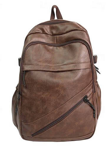  Mochila masculina marrom de couro sintético – bolsa estilosa para laptop com bolsos com zíper para trabalho, faculdade e viagens