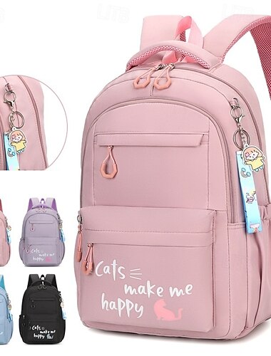  Zaino scolastico per ragazze con stampa di gatti carini e portachiavi, zaino leggero e impermeabile, rosa, viola, blu e nero
