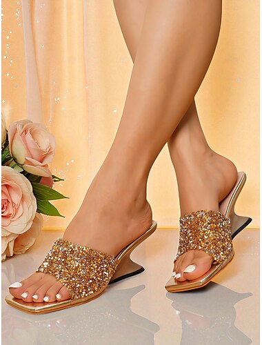  Women's Gold Rhinestone Slide Sandals with Curved Wedge Heels - Glamorous Party Shoes for Nightlife Events and Clubwear