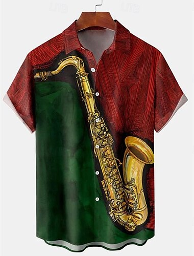  בגדי ריקוד גברים כלי מוזיקה ג'אז Saxophone חולצה חולצת קיץ חולצה עם כפתורים שרוולים קצרים רטרו וינטג' בָּחוּץ חופשה לבוש ליום קיץ אביב צווארון מתקפל הדפסת תלת מימד חולצות צווארון כיס אחד קדמי