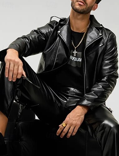  Herren Kunstlederjacke Bikerjacke Motorradjacke Urlaub Täglich Winddicht Warm Tasche Herbst Winter Einfach Mode Klassisch Revers Regulär Schwarz Jacken