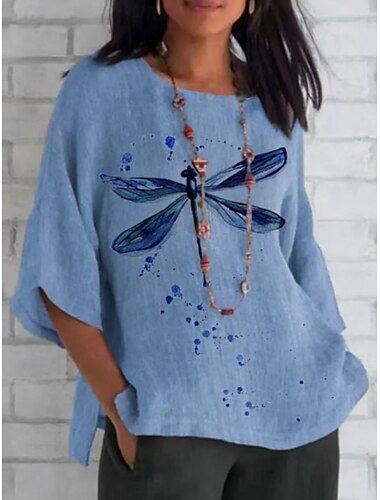  Women's Shirt Dragonfly Daily Casual 3/4 Length Sleeve Crew Neck Regular Tops Daily Holiday Print White Blue Green Summer Spring Fall