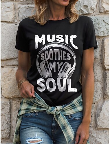  Festival musicale Per donna Maglietta Grafico Lettera Vintage Elegante Classico Manica Corta Girocollo Top Regolari Quotidiano Weekend Stampato Nero Bianco Giallo Rosso Blu Estate Primavera
