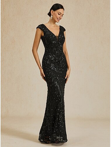  Femmes Robe maxi Robe Trompette Sirène Élégant Fête Formel Soirée Coupe régulière Couleur Unie Sans manches Col en V Noir Printemps Automne Hiver