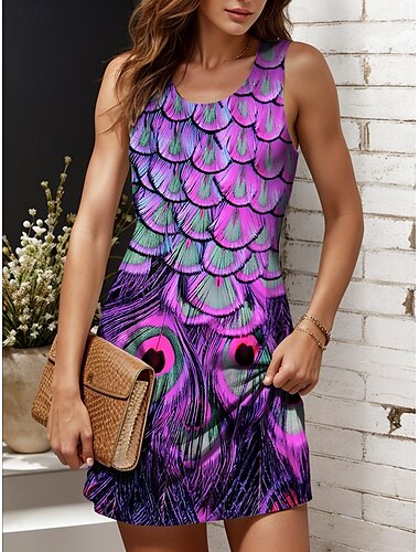  Mulheres Minivestido Vestidos Para o Verão Vestido A Line Vestido ombro a ombro Férias Casual Boho Feriado Praia Normal Gráfico Animal Sem Manga Gola Redonda Amarelo Vermelho Azul Roxo Verão Primavera