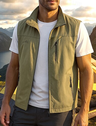  رجالي الصيد للسمك فيست لرياضة المشي بدون كم Vest في الهواء الطلق مقاوم للماء ضد الهواء سحاب جيب نايلون أسود أخضر داكن أحمر الصيد صيد السمك التسلق