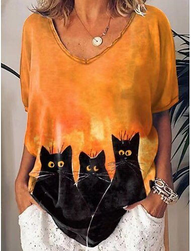  Halloween Naisten T-paita Kissa Vintage Vapaa-aika Lyhythihainen V kaula-aukko Tavalliset topit Päivittäin Viikonloppu Painettu Musta Valkoinen Oranssi Apila Kesä