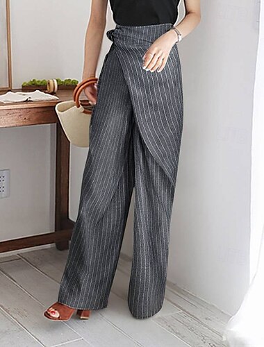  女性用 スーツ ワイドレッグ パンツ ファッション ストリートファッション 全長 ハイウエスト 縞 ドローストリング 通気性 快適 ストリート デイリーウェア お出かけ ホワイト ブルー ダックグレー 春 秋 レギュラー