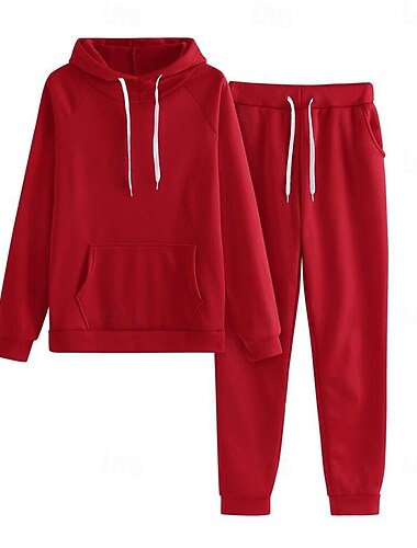  女性用 ファッション ストリートファッション 日常 パンツセット 長袖 フード付き 純色 カジュアル 日常 ブラック ピンク ルビーレッド 夏 レギュラー