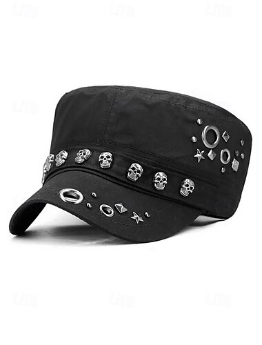  Militaire pet van katoen met schedel en studs voor heren – verstelbare punkrock-stijl Halloween-hoed voor cosplay, feesten en casual streetwear