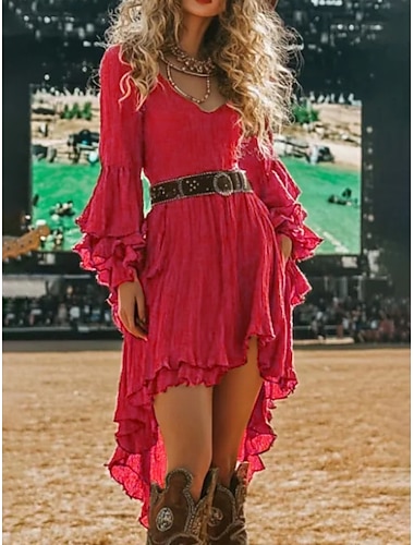  Per donna Mini Abito Abito Boho Abito occidentale Moda Classico Moderno All'aperto Ferie Uscire Vestibilità regolare Semplice Manica Lunga Scollo a V Rosso Estate