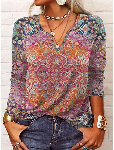  Mujer Blusa Floral Retro Antiguo Étnico Manga Larga Escote en Pico Tops regulares Diario Festivos Estampado Morado Verano Primavera Otoño