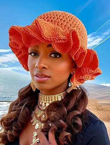  Cappello da pescatore leggero da donna con tesa arricciata - design con nappe arancioni multicolori, vestibilità elastica per un look casual &moda urbana, lavabile a mano, abbigliamento outdoor,