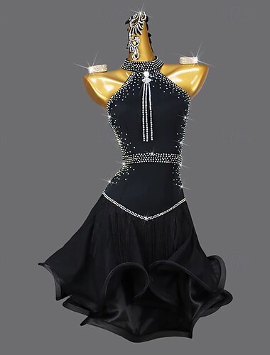  Baile Latino Vestido Pedrería Borla Corte Mujer Rendimiento Entrenamiento Sin Mangas Chinlon