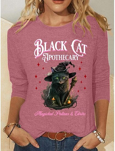  Halloween Dames T-shirt Lange Mouw Crew Neck Lange Mouw Tuniek Grafisch Dier Kat Vintage Stijlvol Ronde Hals Reguliere Tops Dagelijks Weekend Print Zwart Roze Blauw Herfst Pré-fall