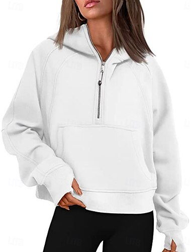  Mulheres Pulôver Moletom Com Capuz Tecido Casual Manga Longa Com Capuz Tops regulares Rua Dia a Dia Patchwork Zíper Bolsos Branco Rosa cáqui Cinzento Outono Inverno