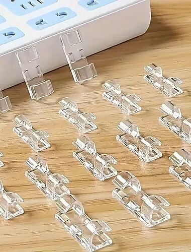 100pcs Transparent Adhesive Cable Clips for Power Cord Management, Durable Clear Plastic Wire Organizers, Wall and Under-Desk Cable Holders, Multipurpose for Home, Office & School