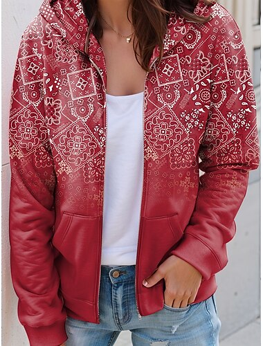  Damskie Bluzy rozpinane Graficzny Geometryczny W Tureckie Wzory Moda Codzienny Długi rękaw Kaptur Zwykłe topy Ulica Na co dzień Zamek Kieszeń Nadruk Czerwony Niebieski Fioletowy Zielony Wiosna Jesień