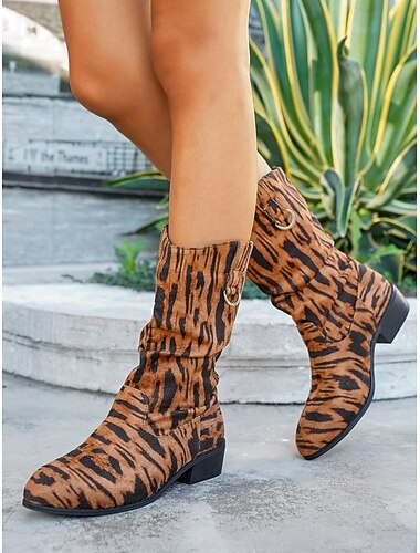  Bottes mi-mollet en similicuir à imprimé tigre pour femme – bottes souples de style western avec boucle, chaussures d'automne décontractées et élégantes