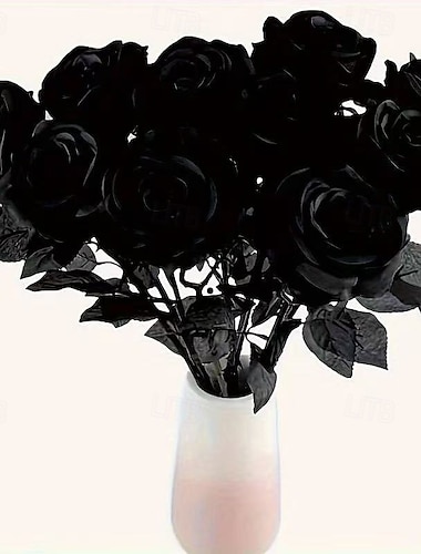  10 bouquets de roses artificielles noires d'Halloween, élégantes fausses fleurs de roses pour des décorations de bricolage effrayantes, un mariage gothique, une décoration florale éternelle pour la