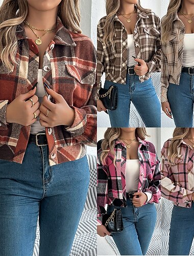  Damen Hemdjacke Freizeitjacke Bequem Atmungsaktiv Knöpfe Druck Lässig Karomuster Urlaub Straße Lässig Alltagskleidung Einreihig Kurz Stehkragen Normale Passform Langarm Oberbekleidung Rosa Fuchsie