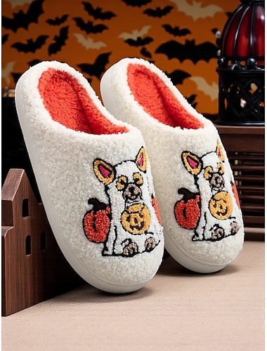  Unisex Halloween-fleece-tøfler med broderte hunder – koselige innesko med gresskardesign for kvinner og menn