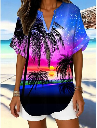  Damen Boho Shirt Floral Grafik Blatt Elegant Bohemia Alltag Kurzarm Reguläre Oberteile Alltag Urlaub Gelb Pink Blau Sommer Frühling