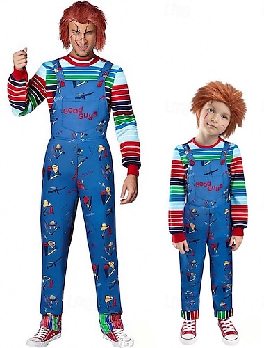  Chucky Chucky Boneca Assustadora Roupa Macacão Fantasias para casais de grupos de Halloween Terror Traje Cosplay Cosplay filme for Homens Para Meninos Crianças Adulto Dia Das Bruxas Carnaval