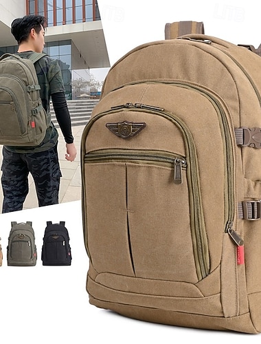  Miesten vintage-kankainen reppu matkoille ja kouluun – tilava armeijatyylinen reppu monitaskuisella muotoilulla ulkoiluun, vaellukseen tai jokapäiväiseen käyttöön