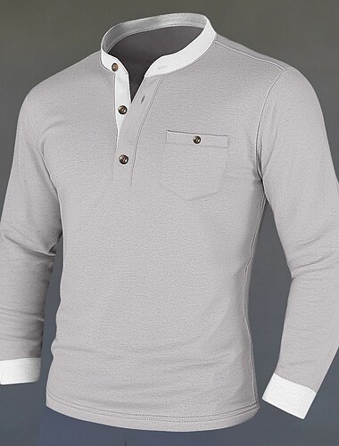  Herren Henley Hemd T-Shirt T-Shirt aus Baumwollmischung Langarm Farbblock Einheitliche Farbe Mode Designer Basic Patchwork Stehkragen Henley Urlaub Straße Lässig Frühling & Herbst Schwarz Marineblau