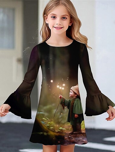  Mädchen' 3D Grafik Kleid Rüschenkleid Langarm Sommer Frühling Urlaub Täglich Ferien Schön Süß Kinder 4-12 Jahre Freizeitkleid Knielang Normale Passform