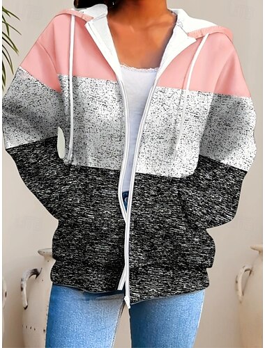  Per donna Felpe con cappuccio Grafico Geometrico A righe Moda Casual Manica Lunga Con Cappuccio Top Regolari Streetwear Abbigliamento Quotidiano Cerniera Tasca Stampato Rosa Primavera Autunno