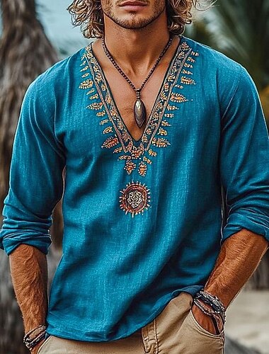  Per uomo Camicia Camicia di lino Stile vichingo Camicia Estiva Abbigliamento da spiaggia Camicia pirata Tinta unica Vacanza Streetwear Blu marino Manica Lunga Scollo a V Estate Primavera Abbigliamento